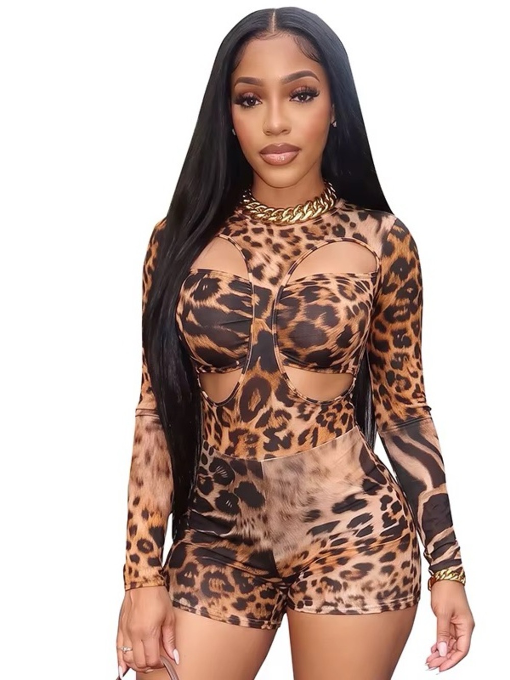 Leopard Print Cutout Long-Sleeve Romper - Brown one piece